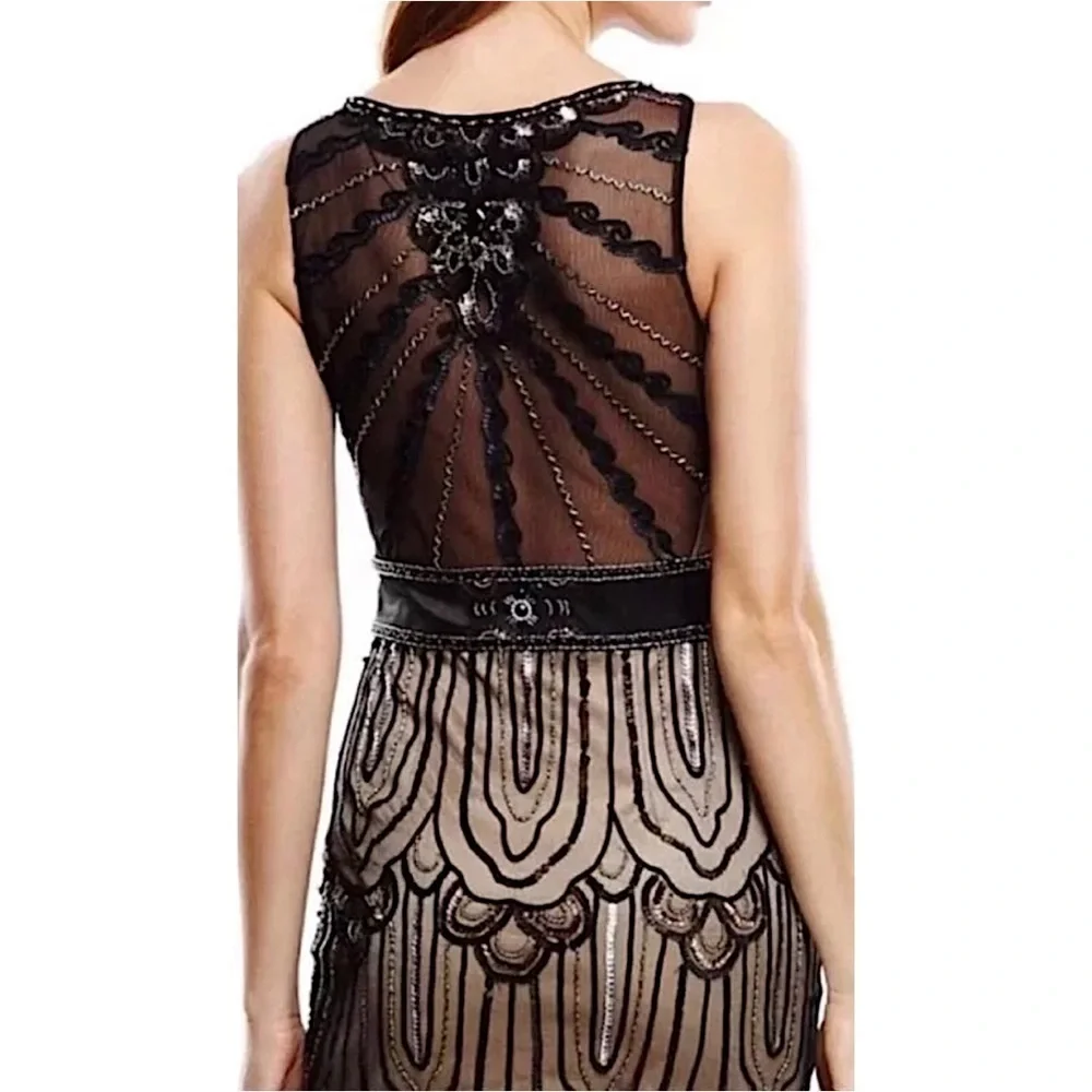SUE WONG 4 Black Nude Beaded Sequin embellished Formal Cocktail dress